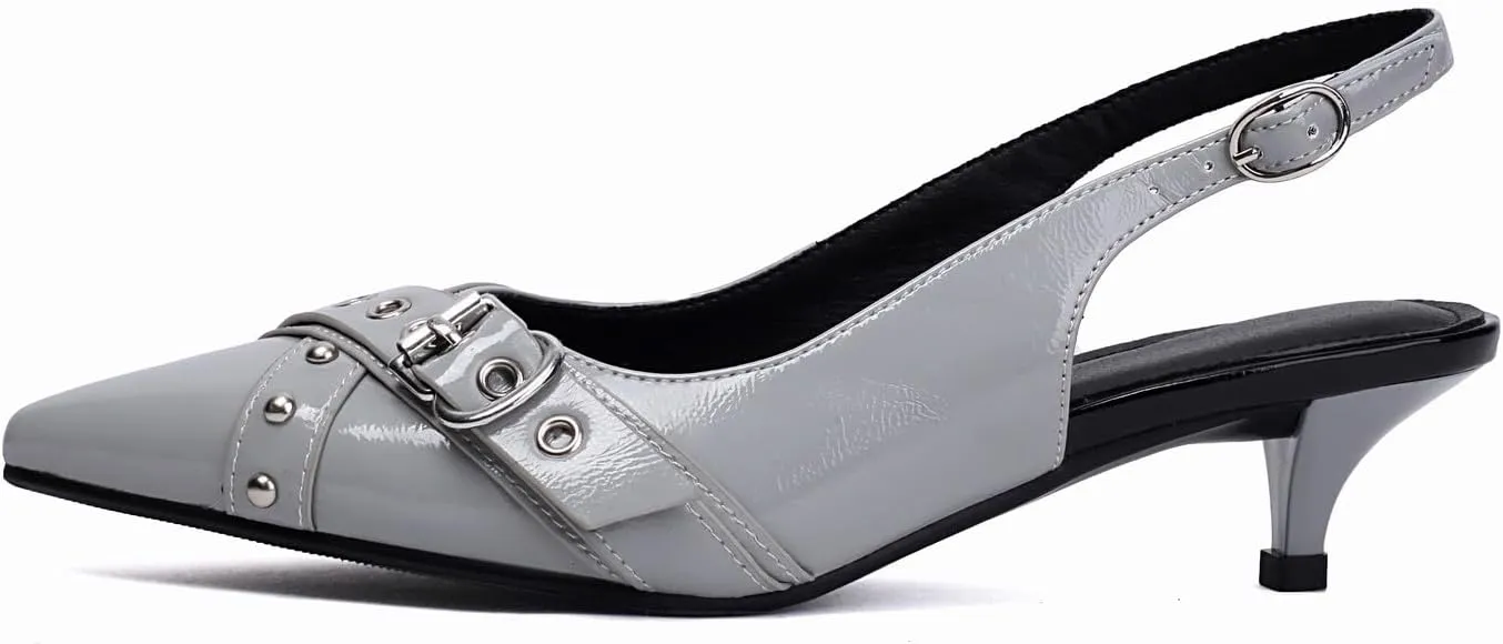 Women's Slingback Heels Pointed Toe Studded Low Kitten Heel Pumps Dress Shoes