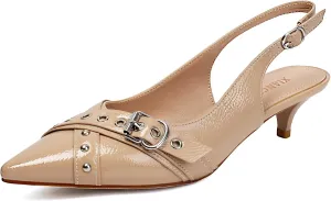 Women's Slingback Heels Pointed Toe Studded Low Kitten Heel Pumps Dress Shoes