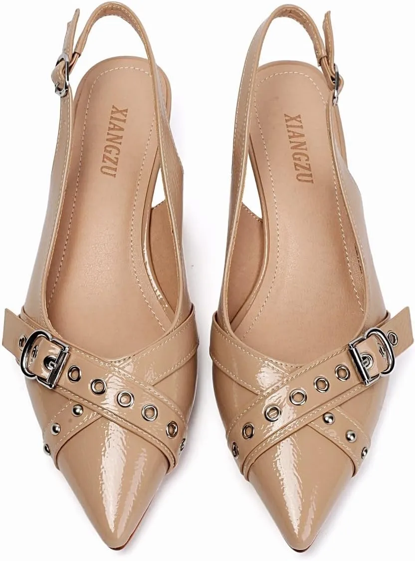 Women's Slingback Heels Pointed Toe Studded Low Kitten Heel Pumps Dress Shoes