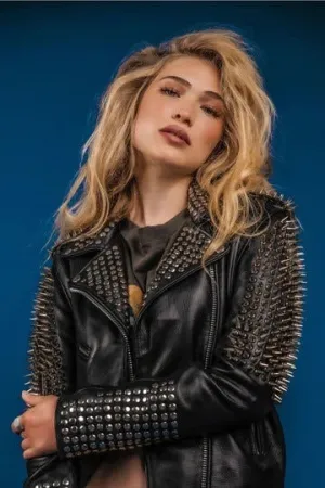 Women's Spiked Biker Studded Leather Jacket In Black