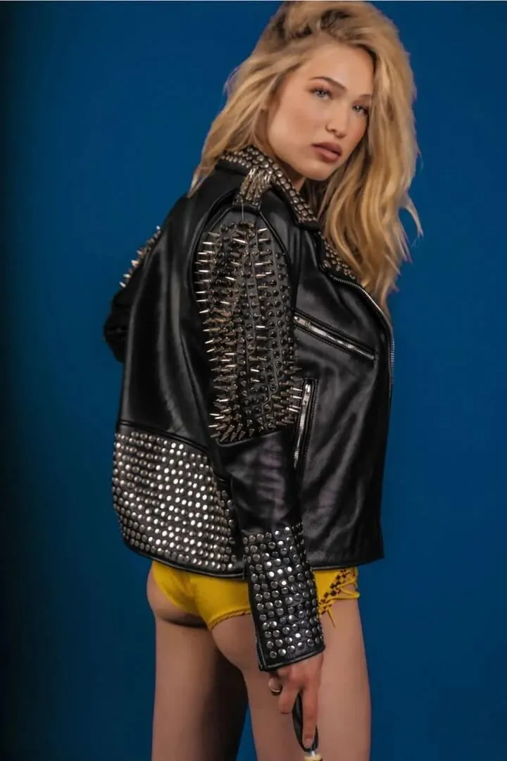 Women's Spiked Biker Studded Leather Jacket In Black