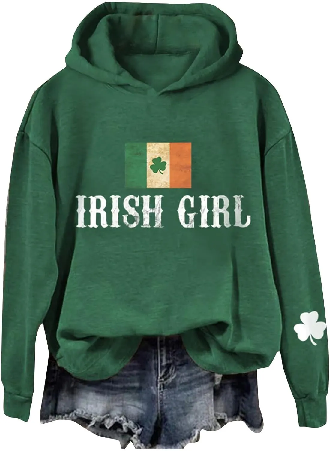 Womens St Patrick's Day Hoodies Shamrock Lucky Hooded Pullover Irish Four Leaf Clover Festival Long Sleeve Sweatshirt