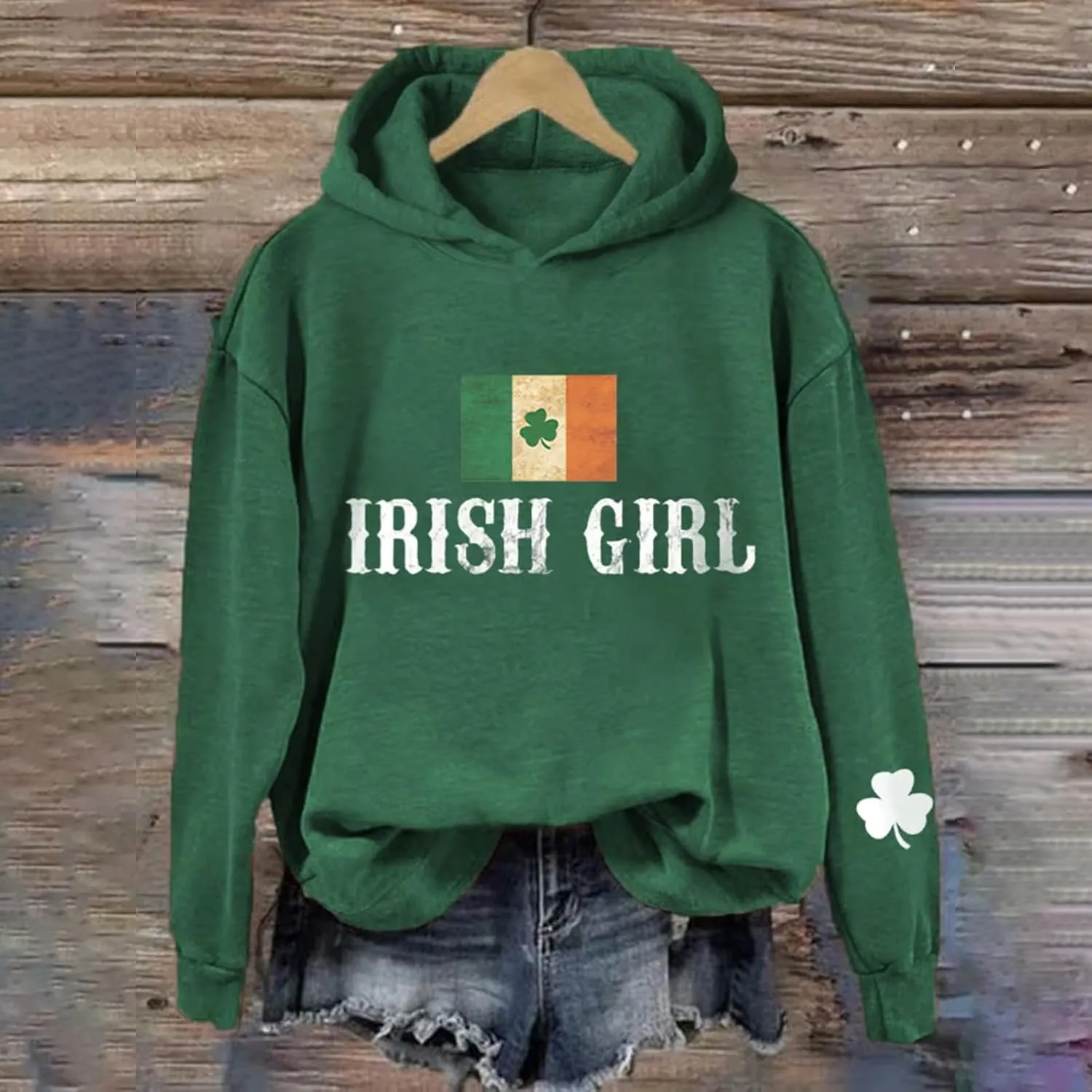 Womens St Patrick's Day Hoodies Shamrock Lucky Hooded Pullover Irish Four Leaf Clover Festival Long Sleeve Sweatshirt