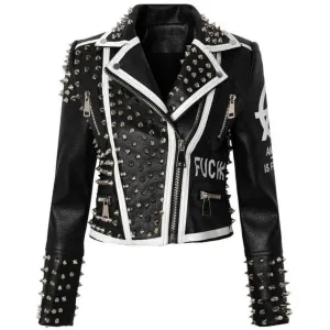 Women's Studded Biker Black Leather Jacket