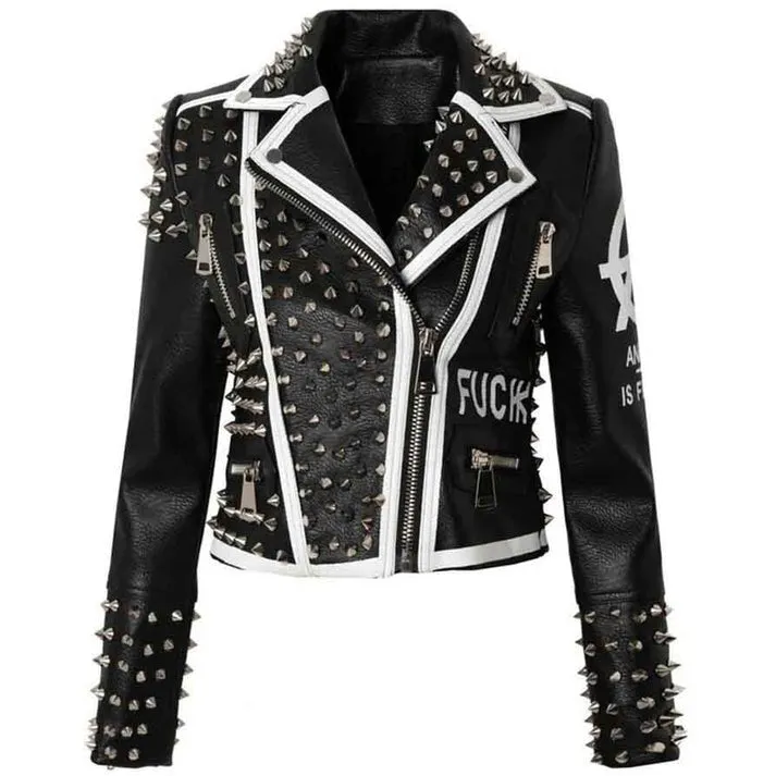 Women's Studded Biker Black Leather Jacket