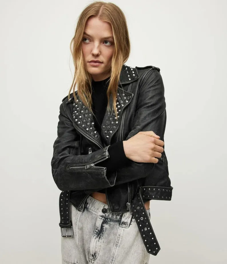 Women's Studded Distressed Leather Jacket In Black