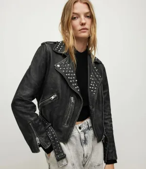 Women's Studded Distressed Leather Jacket In Black