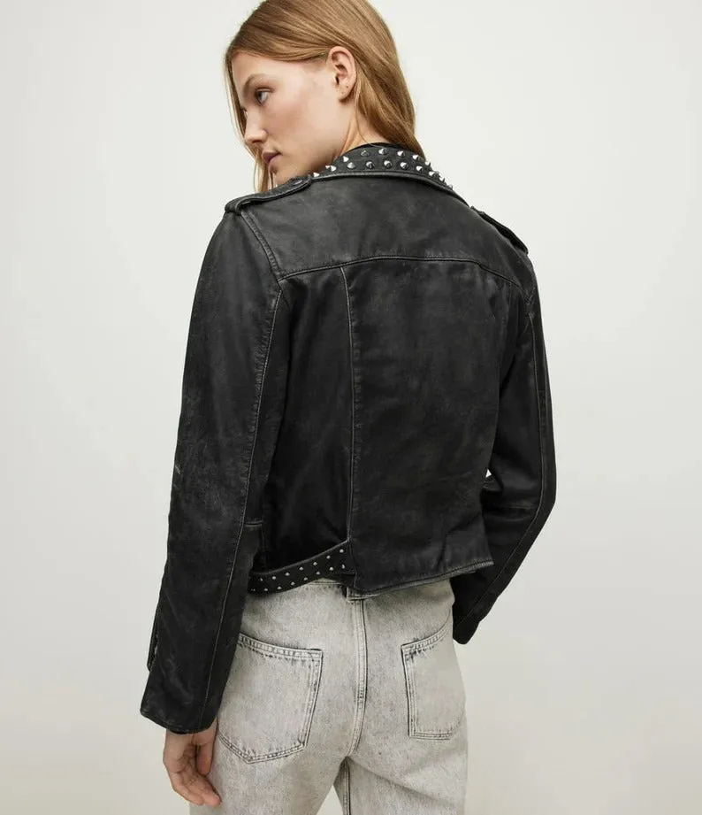 Women's Studded Distressed Leather Jacket In Black