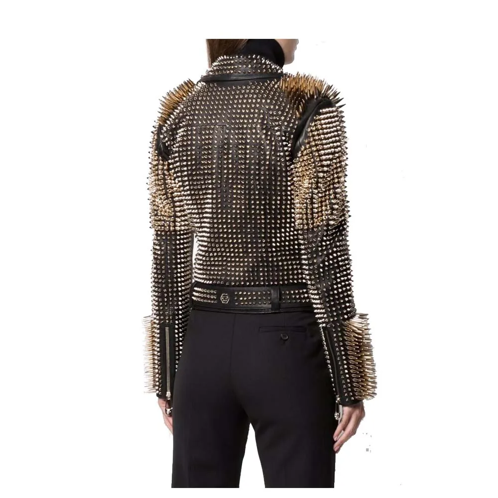 Womens Studded Leather Jacket in Brown