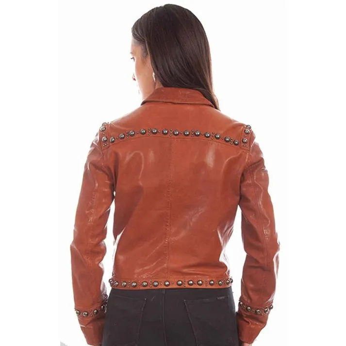 Women's Studded Leather Jacket In Dark Brown