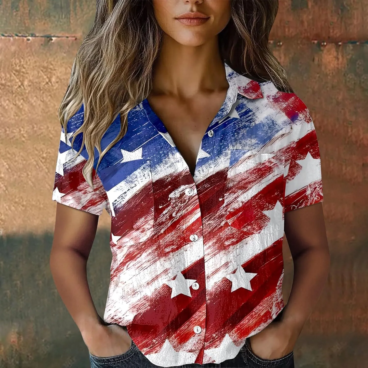 Womens Summer T-Shirt Independen Day Patriotic American Flag Shirt Print Casual Short Sleeve V-Neck Graphic Basic Tops