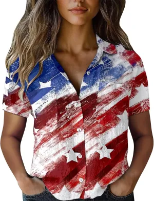 Womens Summer T-Shirt Independen Day Patriotic American Flag Shirt Print Casual Short Sleeve V-Neck Graphic Basic Tops