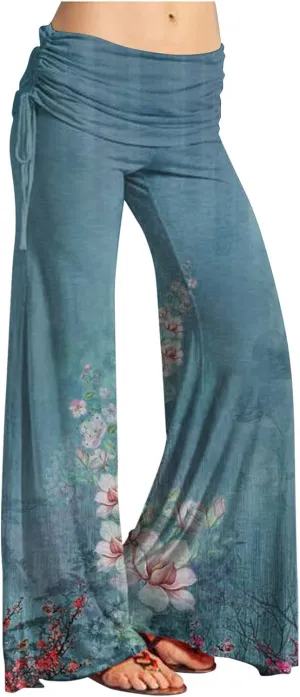 Women's Summer Vintage Print Wide Leg Pants Casual Flared Drawstring Trousers Elastic High Waist Palazzo Pants