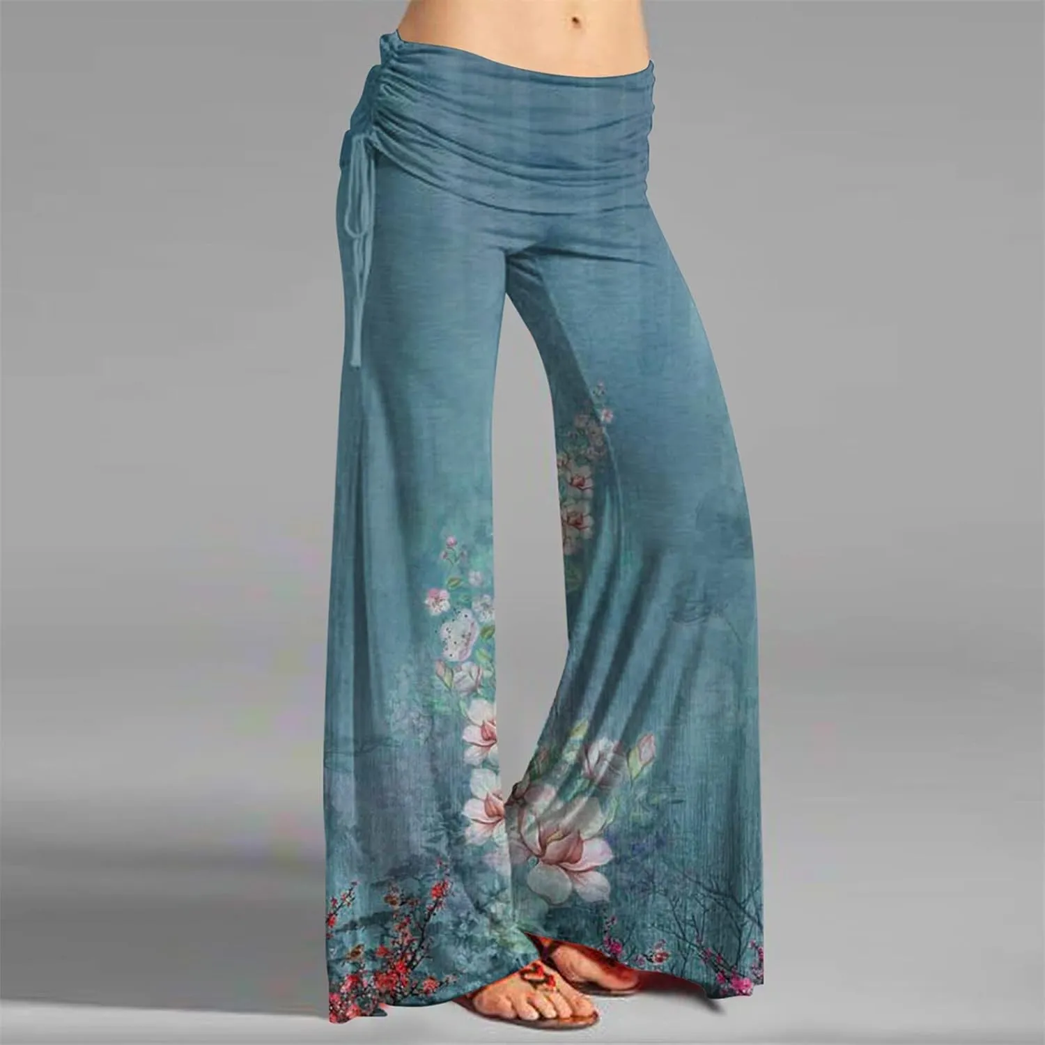 Women's Summer Vintage Print Wide Leg Pants Casual Flared Drawstring Trousers Elastic High Waist Palazzo Pants