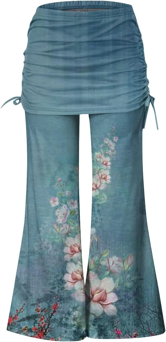 Women's Summer Vintage Print Wide Leg Pants Casual Flared Drawstring Trousers Elastic High Waist Palazzo Pants