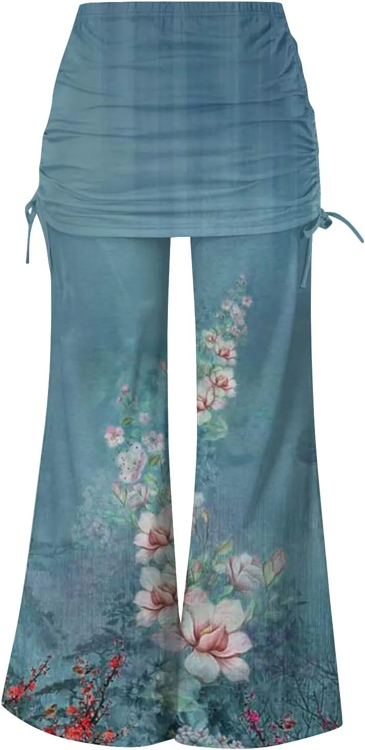 Women's Summer Vintage Print Wide Leg Pants Casual Flared Drawstring Trousers Elastic High Waist Palazzo Pants