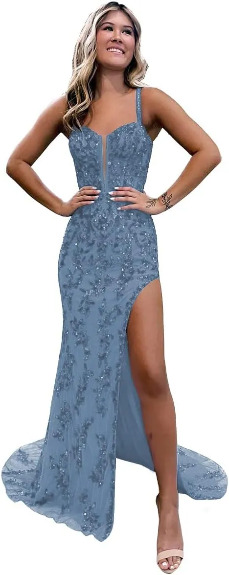 Women's Sweetheart Long Prom Dresses with Slit Tulle Mermaid Formal Evening Gowns with Lace Applique