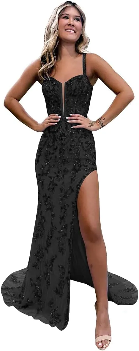 Women's Sweetheart Long Prom Dresses with Slit Tulle Mermaid Formal Evening Gowns with Lace Applique