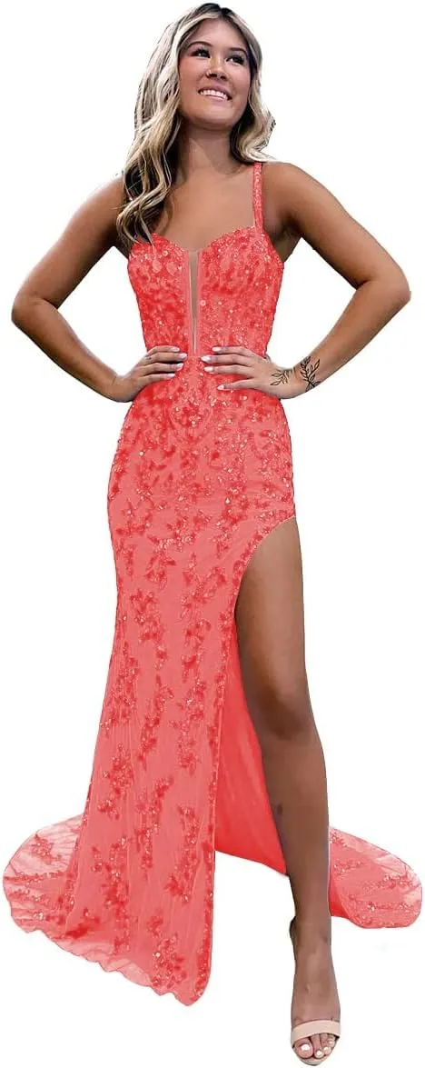 Women's Sweetheart Long Prom Dresses with Slit Tulle Mermaid Formal Evening Gowns with Lace Applique