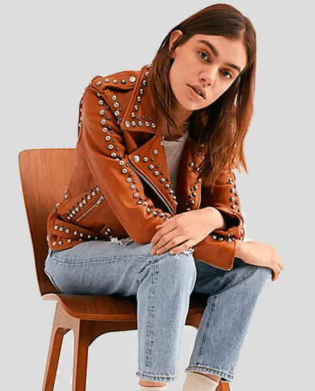 Women's Tan Brown Studded Leather Biker Jacket