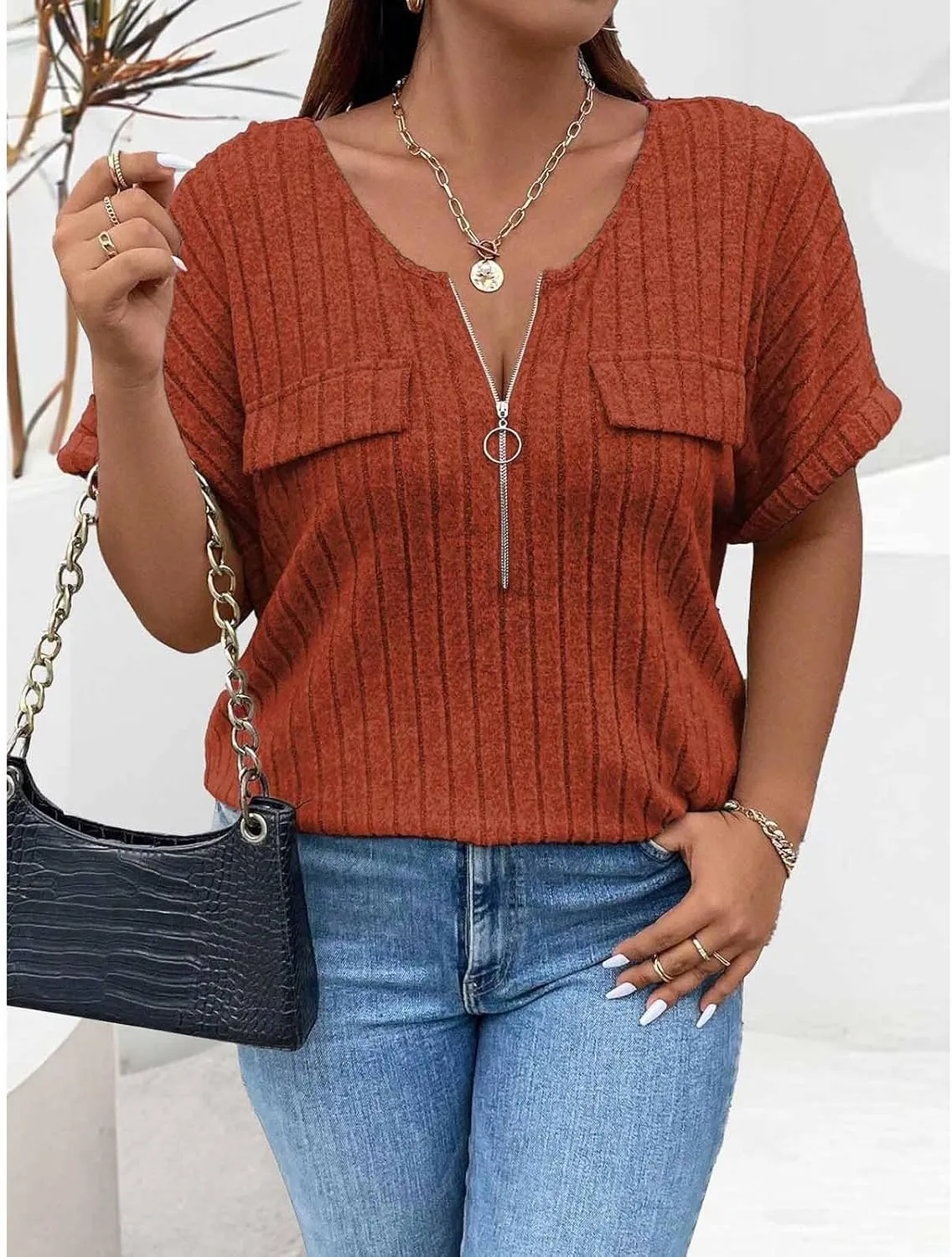 Womens Top Dressy Casual Short Sleeve Blouses V Neck Shirts 2025 Trendy Summer Loose Fit Zip-up Work Layering Shirts