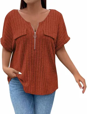 Womens Top Dressy Casual Short Sleeve Blouses V Neck Shirts 2025 Trendy Summer Loose Fit Zip-up Work Layering Shirts