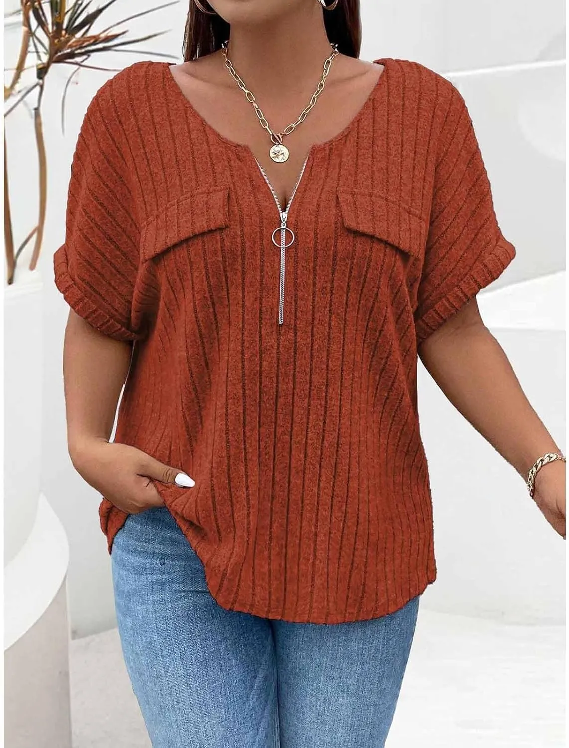 Womens Top Dressy Casual Short Sleeve Blouses V Neck Shirts 2025 Trendy Summer Loose Fit Zip-up Work Layering Shirts