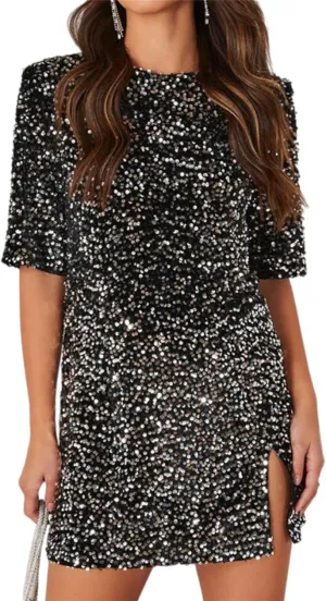 Womens Trendy Sequin Dresses Cute Short Sleeve Crew Neck Mini Sexy Party Dress Elegant Cocktail Wedding Guest Dresses