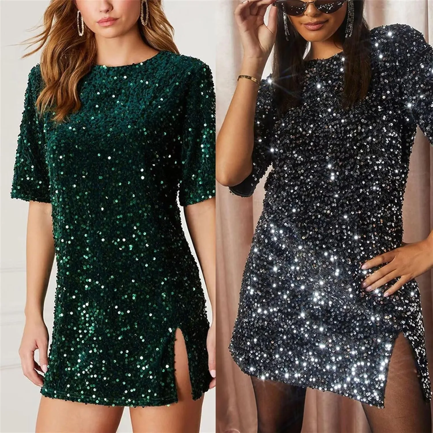 Womens Trendy Sequin Dresses Cute Short Sleeve Crew Neck Mini Sexy Party Dress Elegant Cocktail Wedding Guest Dresses
