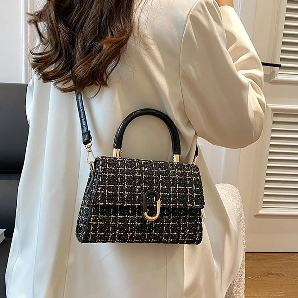 Women’s Tweed Plaid Square Handbag, Retro Quilted Woven Embroidered Shoulder Bag, Ladies Cute Woolen Top Handle Satchel Tote