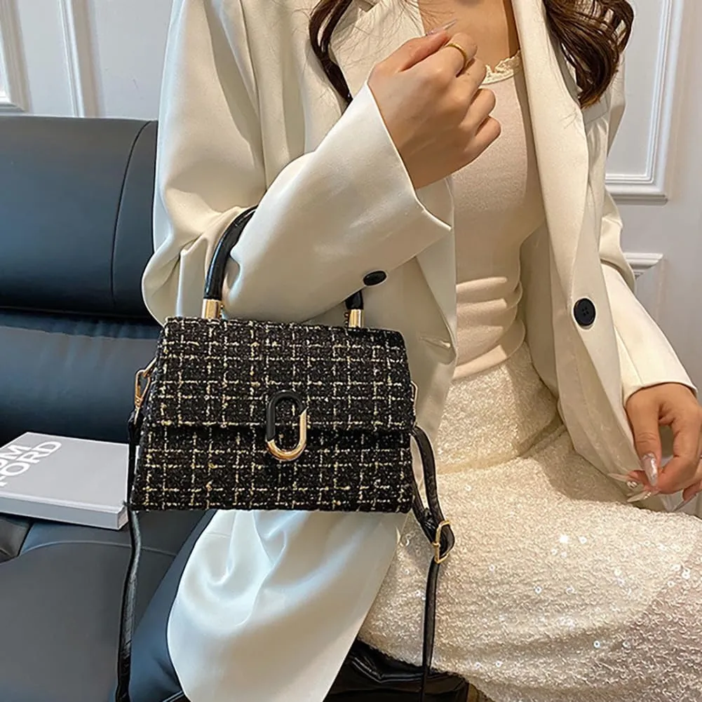 Women’s Tweed Plaid Square Handbag, Retro Quilted Woven Embroidered Shoulder Bag, Ladies Cute Woolen Top Handle Satchel Tote