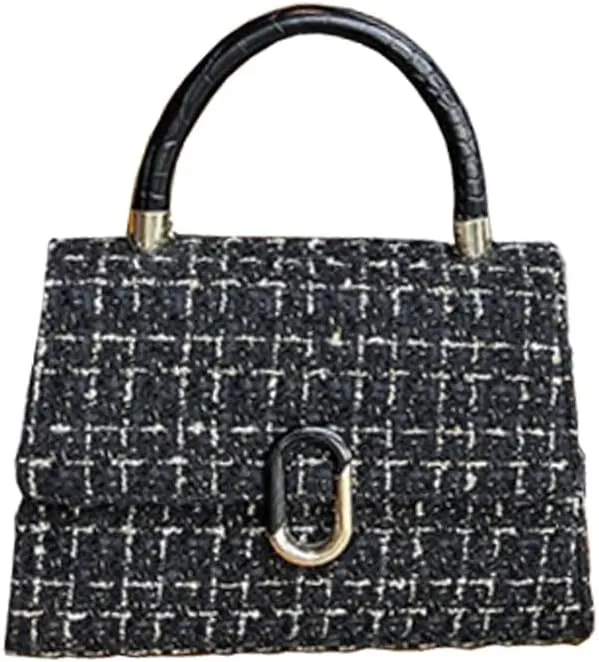 Women’s Tweed Plaid Square Handbag, Retro Quilted Woven Embroidered Shoulder Bag, Ladies Cute Woolen Top Handle Satchel Tote