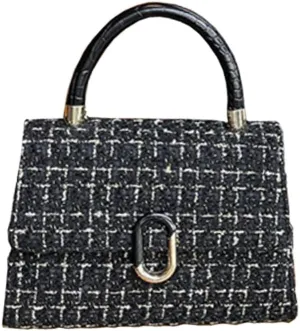 Women’s Tweed Plaid Square Handbag, Retro Quilted Woven Embroidered Shoulder Bag, Ladies Cute Woolen Top Handle Satchel Tote