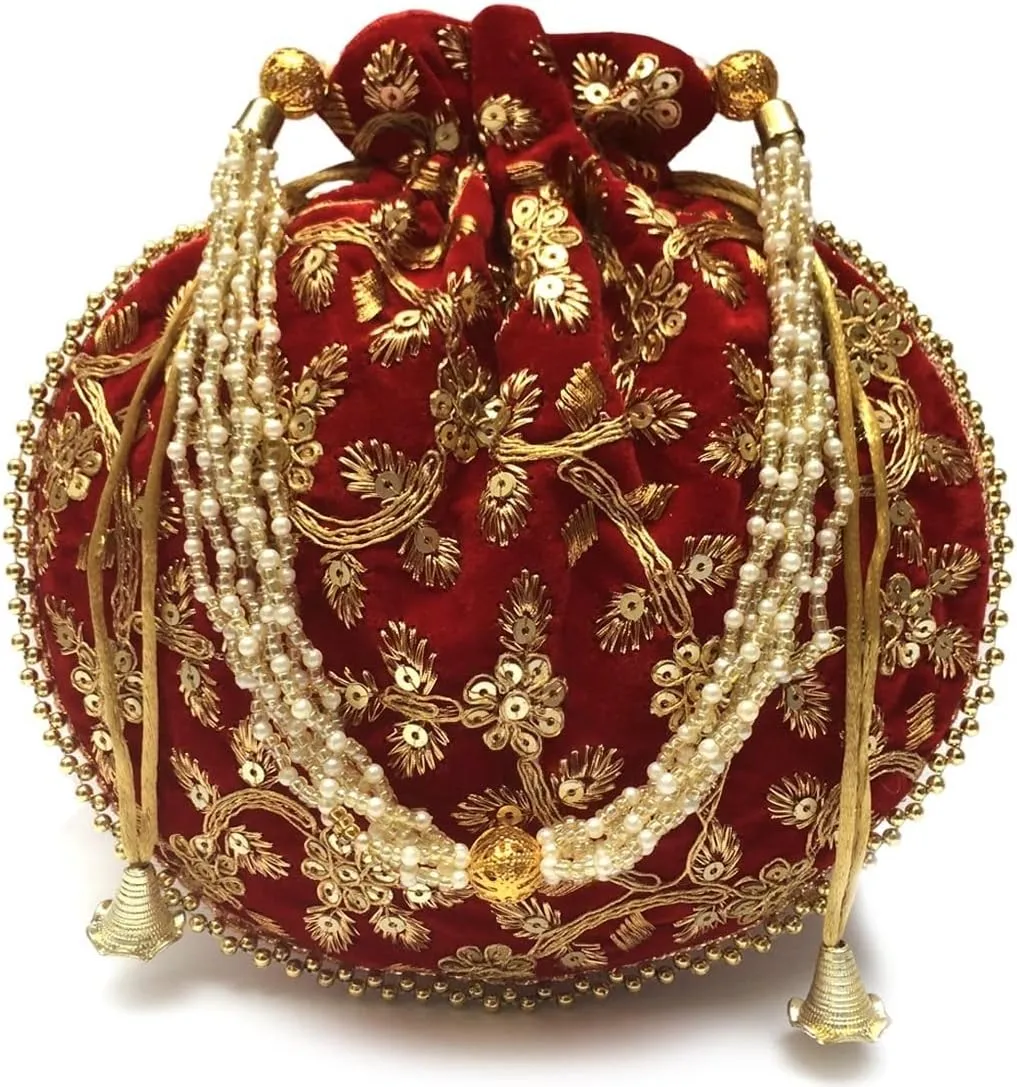 Women's Velvet Embroidered Potli Bag Purse Pouch Drawstring Bag Golden Work Wedding Gift for Women