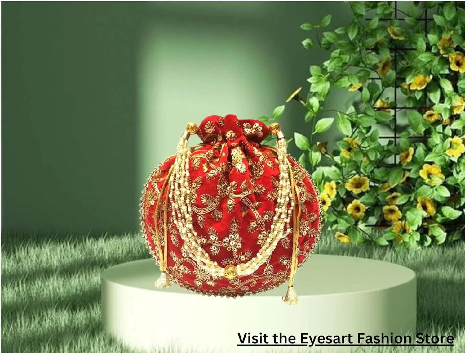 Women's Velvet Embroidered Potli Bag Purse Pouch Drawstring Bag Golden Work Wedding Gift for Women