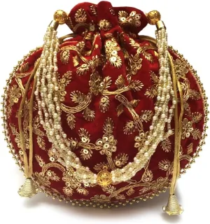 Women's Velvet Embroidered Potli Bag Purse Pouch Drawstring Bag Golden Work Wedding Gift for Women