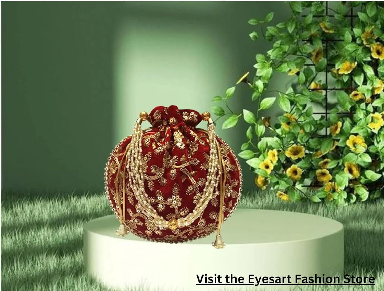 Women's Velvet Embroidered Potli Bag Purse Pouch Drawstring Bag Golden Work Wedding Gift for Women