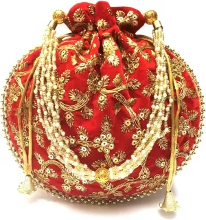 Women's Velvet Embroidered Potli Bag Purse Pouch Drawstring Bag Golden Work Wedding Gift for Women