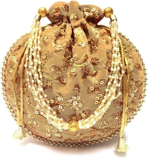 Women's Velvet Embroidered Potli Bag Purse Pouch Drawstring Bag Golden Work Wedding Gift for Women