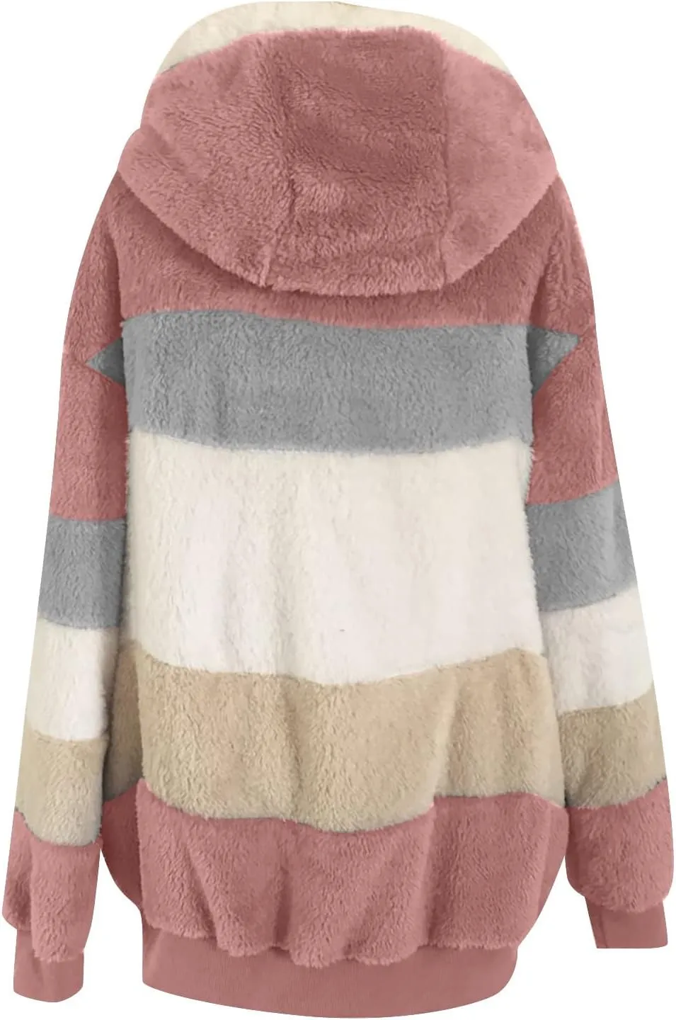 Womens Winter Coats Fuzzy Fleece Jacket Hooded Color Block Patchwork Cardigan Coat Zip Outerwear with Pockets