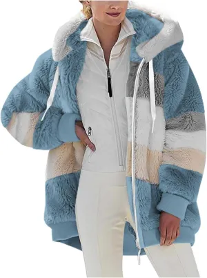 Womens Winter Coats Fuzzy Fleece Jacket Hooded Color Block Patchwork Cardigan Coat Zip Outerwear with Pockets