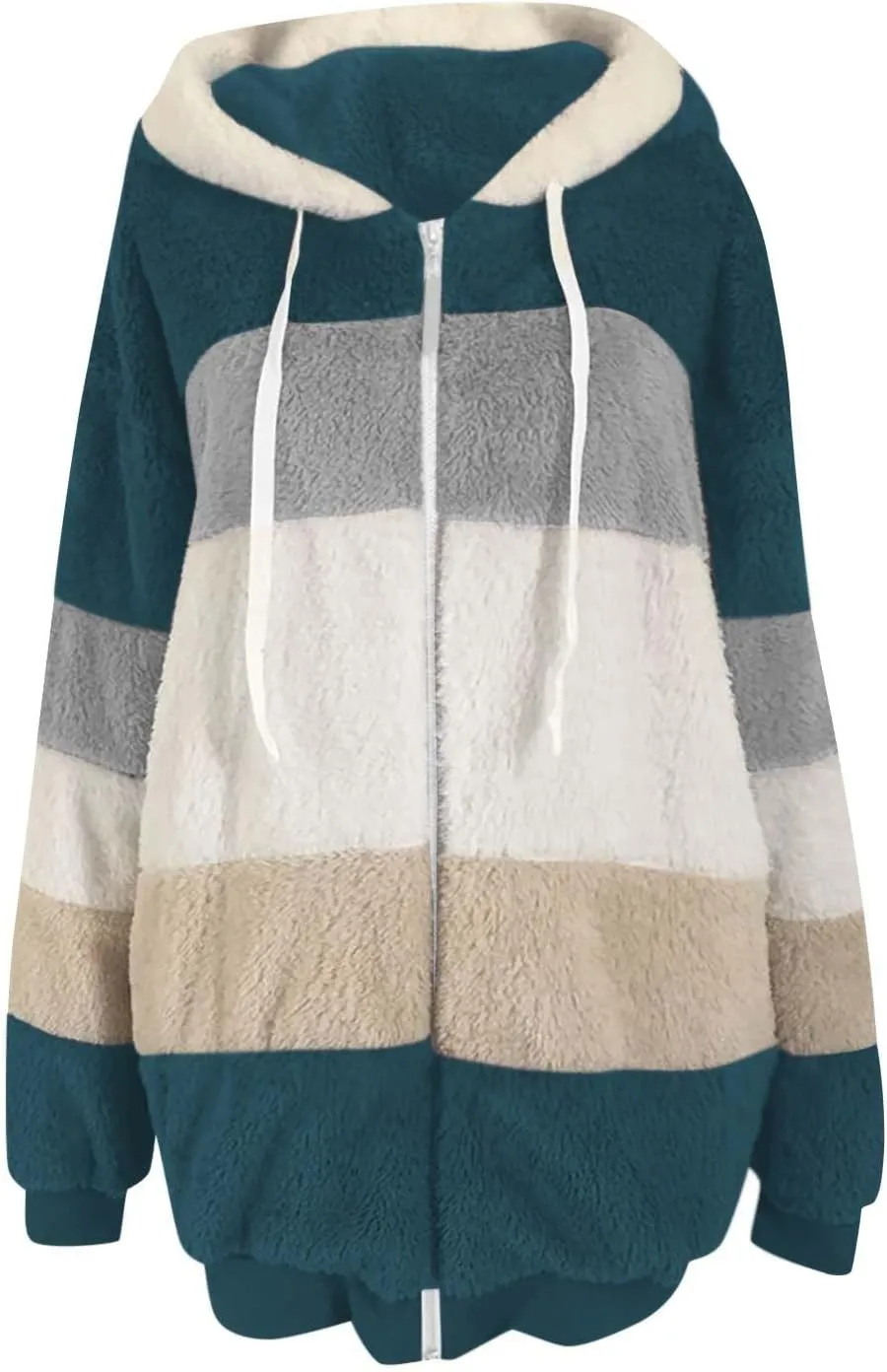 Womens Winter Coats Fuzzy Fleece Jacket Hooded Color Block Patchwork Cardigan Coat Zip Outerwear with Pockets