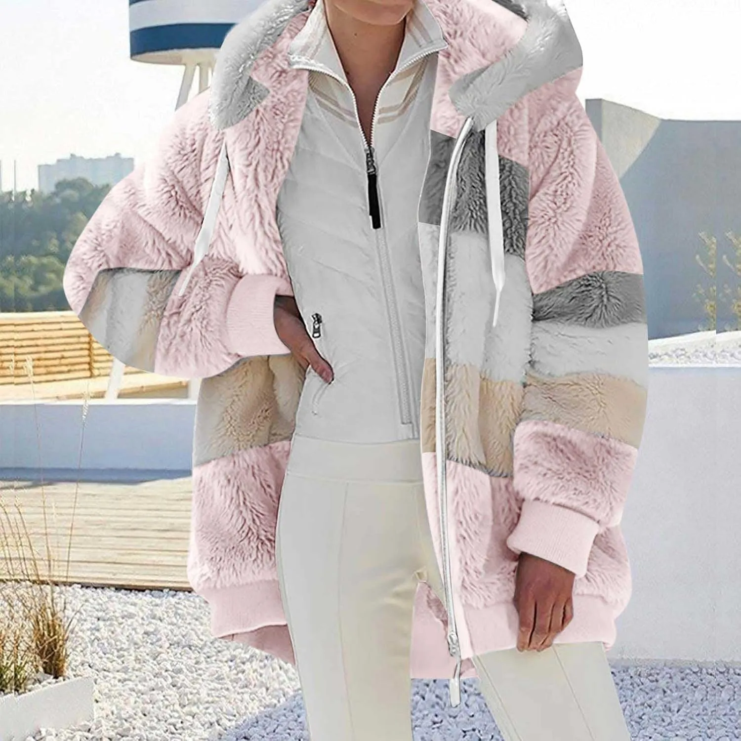 Womens Winter Coats Fuzzy Fleece Jacket Hooded Color Block Patchwork Cardigan Coat Zip Outerwear with Pockets