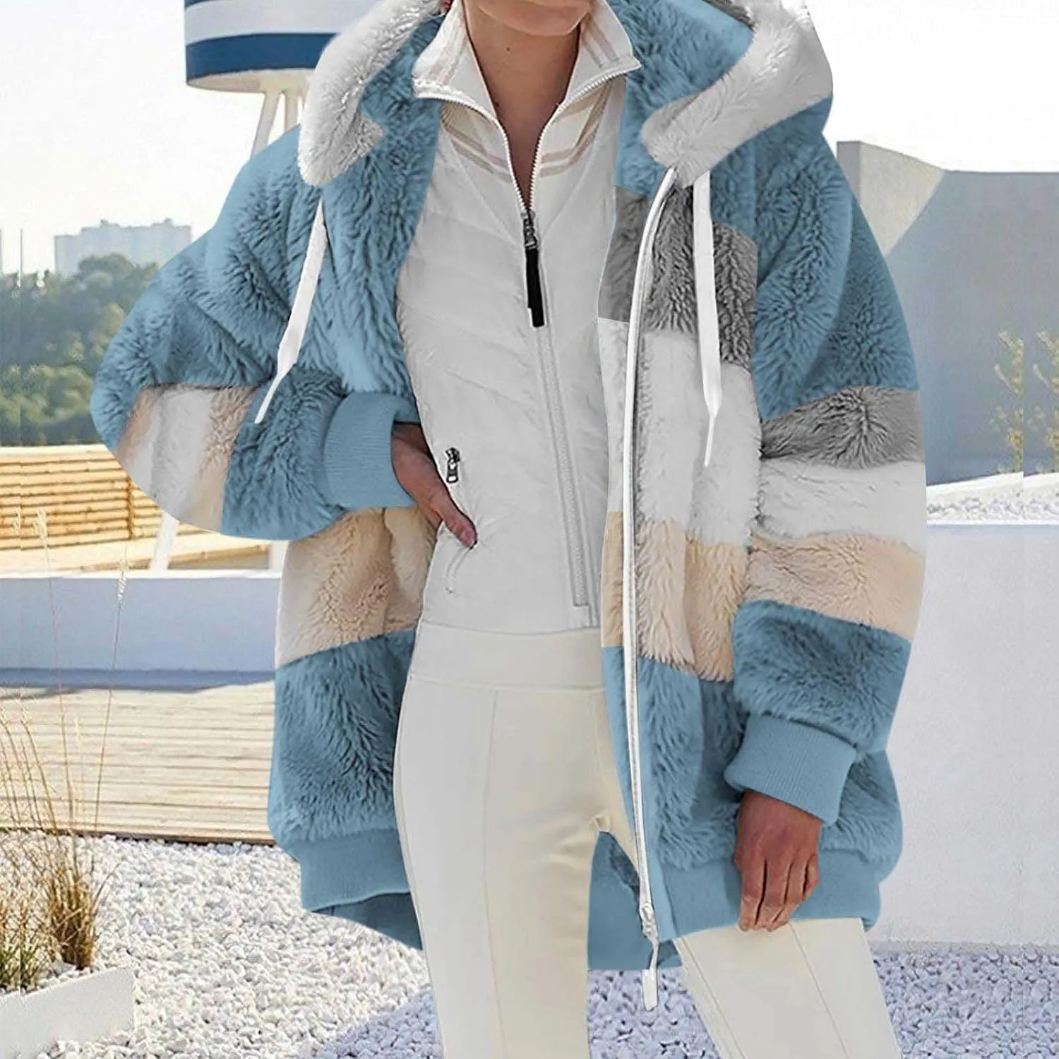 Womens Winter Coats Fuzzy Fleece Jacket Hooded Color Block Patchwork Cardigan Coat Zip Outerwear with Pockets