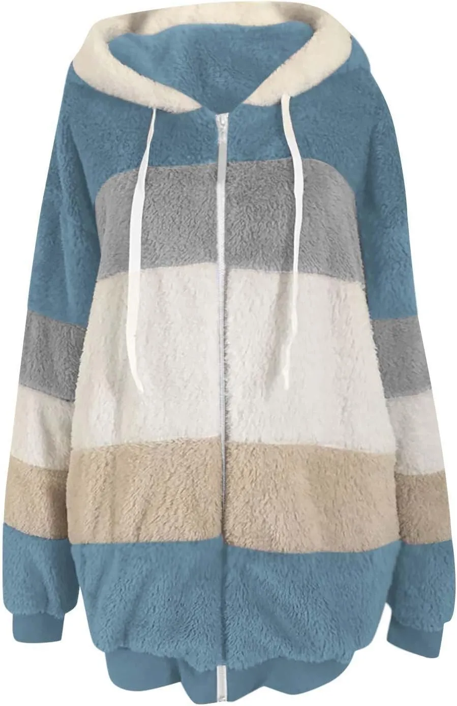 Womens Winter Coats Fuzzy Fleece Jacket Hooded Color Block Patchwork Cardigan Coat Zip Outerwear with Pockets