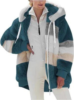 Womens Winter Coats Fuzzy Fleece Jacket Hooded Color Block Patchwork Cardigan Coat Zip Outerwear with Pockets