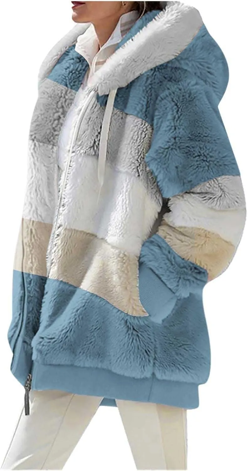 Womens Winter Coats Fuzzy Fleece Jacket Hooded Color Block Patchwork Cardigan Coat Zip Outerwear with Pockets