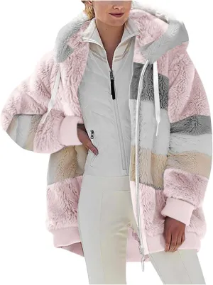 Womens Winter Coats Fuzzy Fleece Jacket Hooded Color Block Patchwork Cardigan Coat Zip Outerwear with Pockets