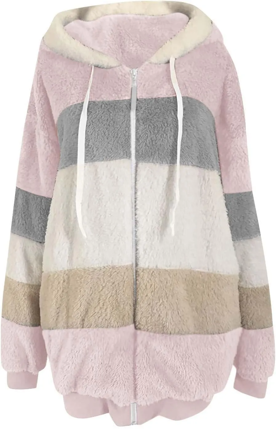 Womens Winter Coats Fuzzy Fleece Jacket Hooded Color Block Patchwork Cardigan Coat Zip Outerwear with Pockets