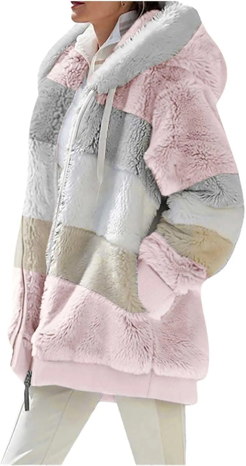 Womens Winter Coats Fuzzy Fleece Jacket Hooded Color Block Patchwork Cardigan Coat Zip Outerwear with Pockets